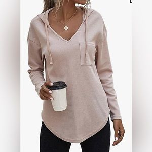 Morhuduck V Neck Hoodie Long Sleeve Sweatshirt Drawstring Apricot Women XL NWT